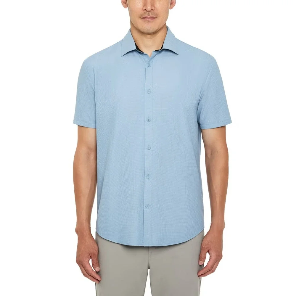 Kenneth Cole Mens Short Sleeve Woven Shirt Blue Slim Fit Stretch XL